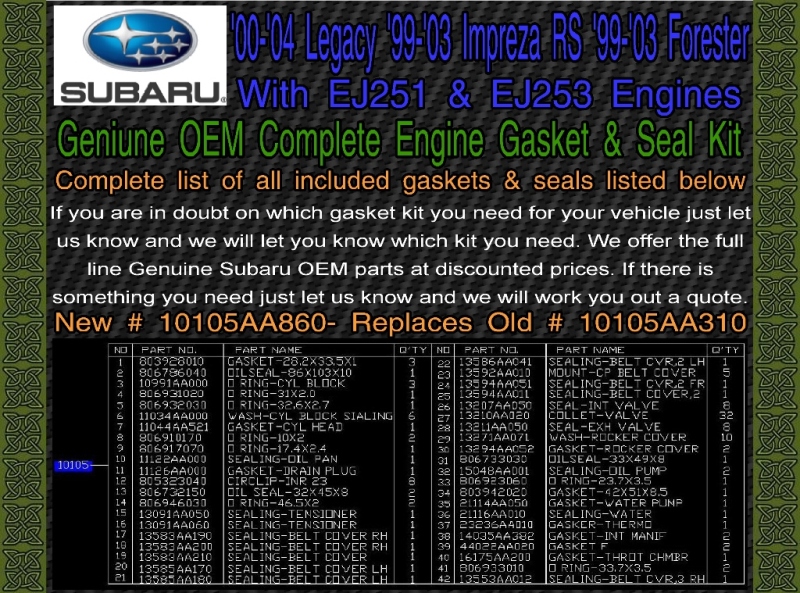 Genuine Subaru OEM Engine Gasket Kit 00 04 Legacy 99 03 RS 99 03 